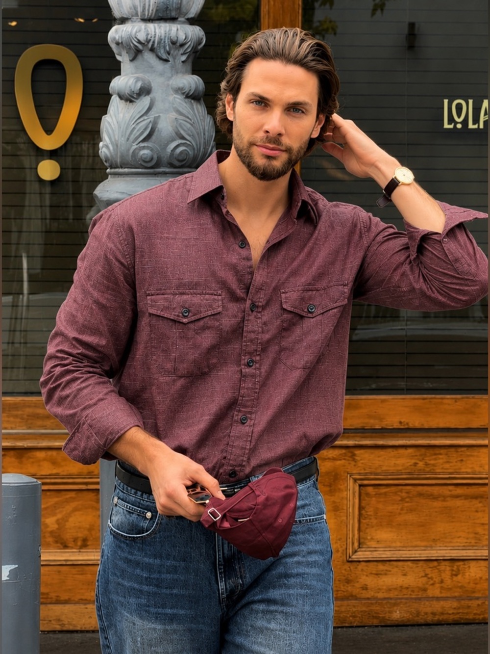 Bruno New York Burgundy Button Down Shirt Mens Long Sleeve Modern Urban Style XL